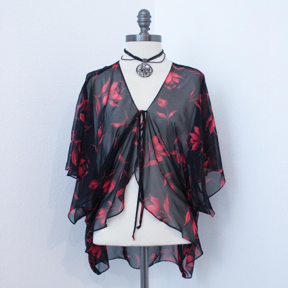 Vintage black & red floral chiffon blouse with tie front detail